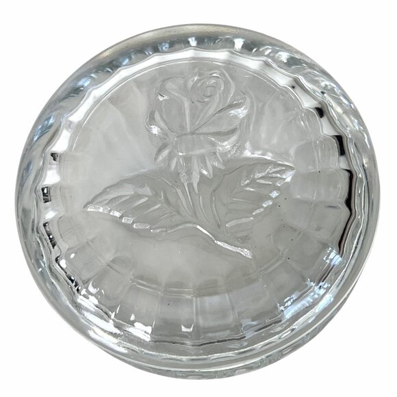 Vintage LB Italy Trinket Box Raised Rose Lid Pressed Clear Glass Vanity Jar EUC - Picture 2 of 11